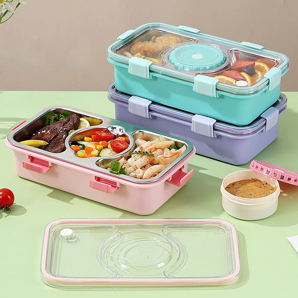 3 Compartment New Stainless Steel Lunch Box With Sauce Pot-7108