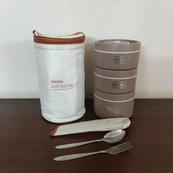 3 Piece Stainless Steel Brown Lunch Box With Foil Bag And Cutlery