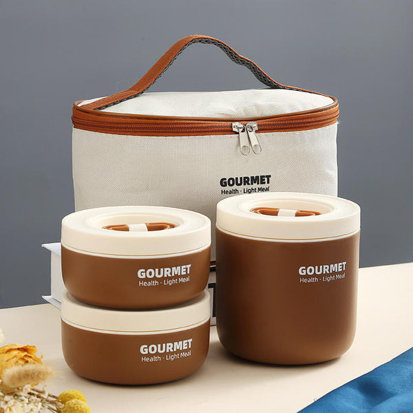 3 Piece Brown Gourmet Stainless Steel Lunch Box With Bag