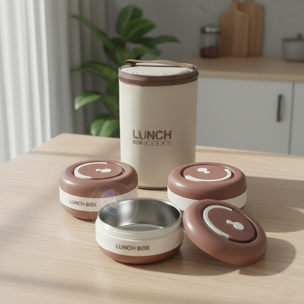 3 Piece New Stainless Steel Brown Lunch Box With Foil Bag
