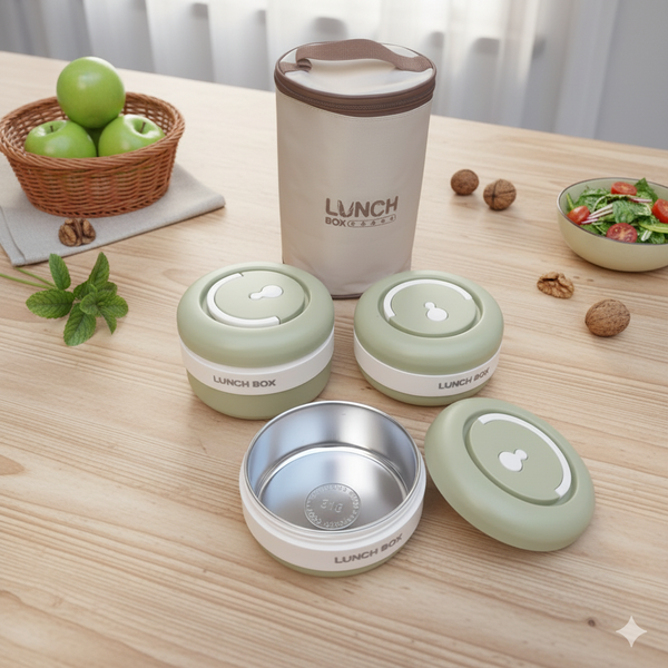 3 Piece New Stainless Steel Green Lunch Box With Foil Bag