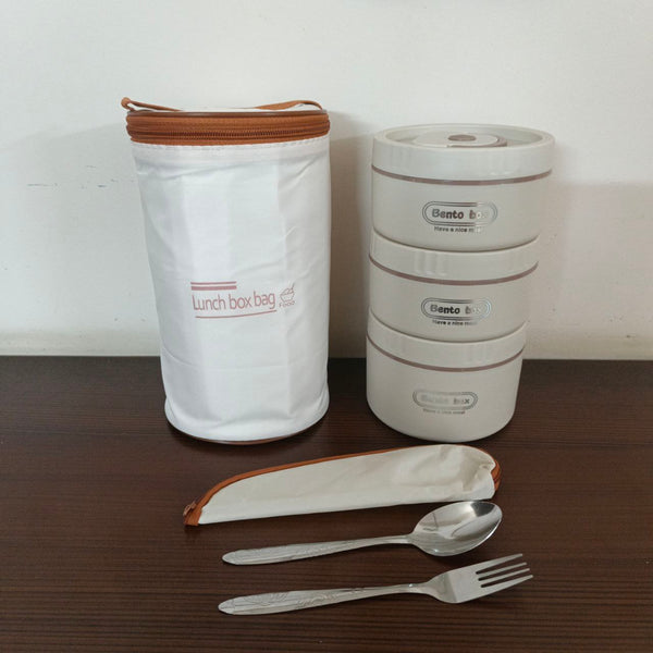 3 Piece Stainless Steel Cream Lunch Box With Foil Bag And Cutlery