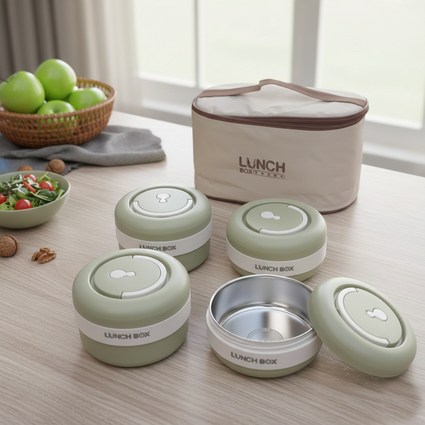 4 Piece New Stainless Steel Green Lunch Box With Foil Bag