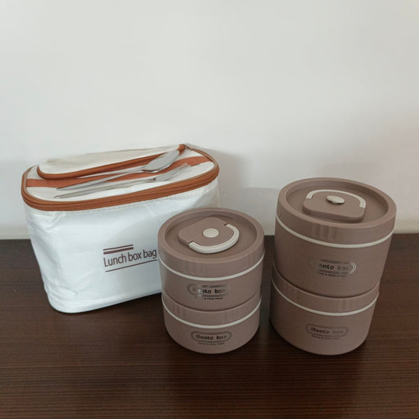 4 Piece Stainless Steel Brown Lunch Box With Foil Bag And Cutlery