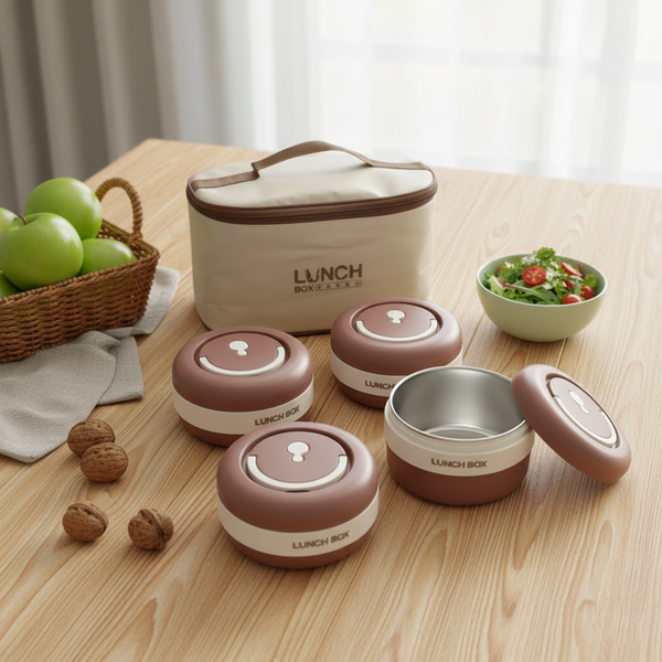 4 Piece New Stainless Steel Brown Lunch Box With Foil Bag