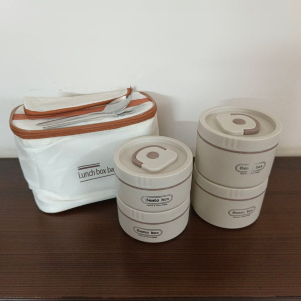 4 Piece Stainless Steel Cream Lunch Box With Foil Bag And Cutlery