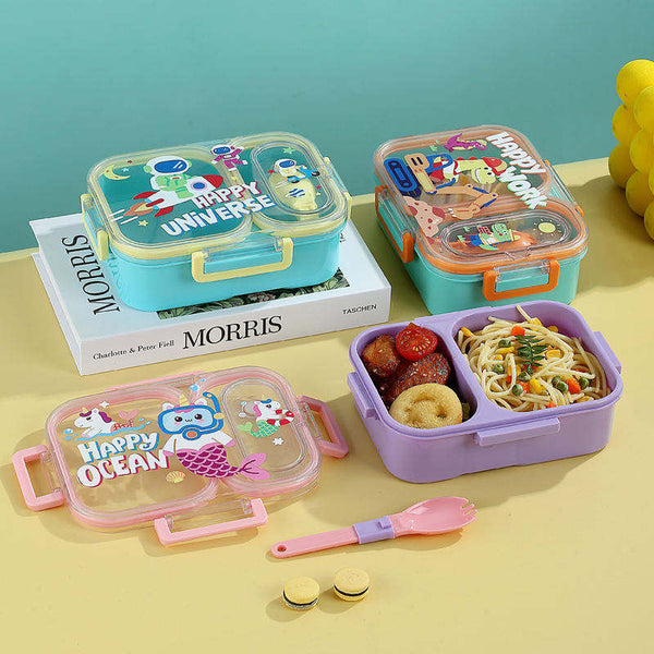 900ml 2 Grid Plastic Happy Kids Tiffin Box